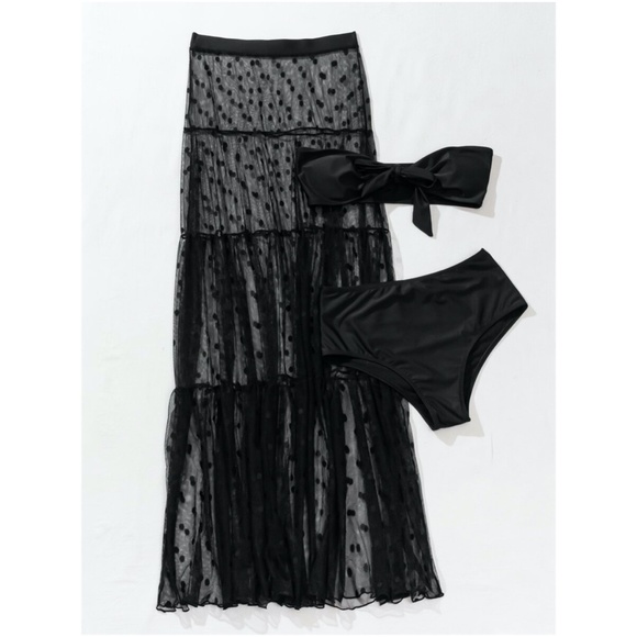 3 piece front tie black bikini dot maxi skirt set - Picture 4 of 7